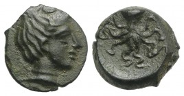 Sicily, Syracuse, c. 435-415 BC. Æ Onkia (9.5mm, 0.99g, 9h). Head of Arethusa r. R/ Octopus. CNS II, 9; SNG ANS 382-3; HGC 2, 1434. Good VF