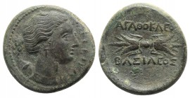 Sicily, Syracuse. Agathokles (317-289 BC). Æ Litra (23mm, 9.25g, 9h). Head of Artemis Soteria r., quiver over shoulder. R/ Winged thunderbolt. CNS II,...
