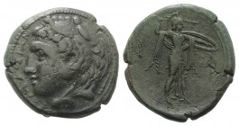 Sicily, Syracuse. Pyrrhos (278-276 BC). Æ (24mm, 10.37g, 1h). Head of Herakles l., wearing lion-skin. R/ Athena Promachos advancing r., holding thunde...