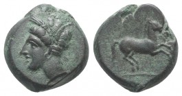 Sicily, Carthaginian Domain, c. 375-350 BC. Æ (16mm, 5.39g, 1h). Wreathed head of Tanit l. R/ Horse prancing r. MAA 15a; SNG Copenhagen 97; HGC 2, 166...