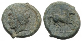 Sicily, Carthaginian Domain, c. 375-350 BC. Æ (17mm, 5.76g, 9h). Wreathed head of Tanit l. R/ Horse prancing r. MAA 15a; SNG Copenhagen 97; HGC 2, 166...