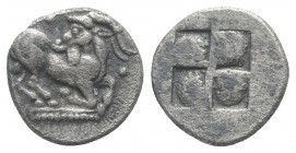 Thraco-Macedonian Tribes, Mygdones or Krestones, c. 485-470 BC. AR Diobol (10mm, 1.15g). Goat kneeling r., head l.; pellets around. R/ Quadripartite i...