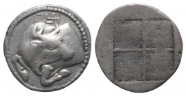 Macedon, Akanthos, c. 470-390 BC. AR Tetrobol (14mm, 2.20g). Forepart of bull l., head r.; Π and swastika above. R/ Quadripartite incuse square with g...