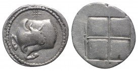 Macedon, Akanthos, c. 470-390 BC. AR Tetrobol (15mm, 2.27g). Forepart of bull l., head r.; star above. R/ Quadripartite incuse square with granulated ...