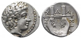 Macedon, Chalkidian League, Olynthos, c. 415-410 BC. AR Tetrobol (14mm, 2.42g, 6h). Laureate head of Apollo r. R/ Kithara within incuse square. Robins...