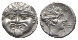 Macedon, Neapolis, c. 424-350 BC. AR Hemidrachm (12mm, 1.91g, 10h). Facing gorgoneion with protruding tongue. R/ Head of nymph r. AMNG III/2, 12; Trai...