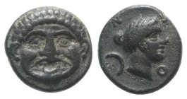 Macedon, Neapolis, c. 424-350 BC. Æ (10mm, 1.42g, 2h). Facing gorgoneion. R/ Female head r.; crescent behind. Cf. SNG ANS 460-1 (no crescent). Good VF...