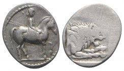 Kings of Macedon, Perdikkas II (451-413 BC). AR Tetrobol (15mm, 2.11g, 6h). Rider on trotting horse r., holding two spears. R/ Forepart of lion r. wit...
