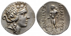 Islands of Trace, Thasos, c. 90-75 BC. AR Tetradrachm (32mm, 16.63g, 12h). Wreathed head of young Dionysos r. R/ Herakles standing l., holding club an...