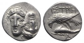 Moesia, Istros, c. 340/30-313 BC. AR Drachm (17mm, 3.45g). Facing male heads, the l. inverted. R/ Sea-eagle l., grasping dolphin with talons; Δ below....