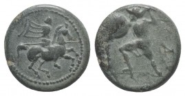 Thessaly, Pelinna, c. 400-375 BC. Æ Chalkous (13mm, 2.80g, 6h). Horseman r., raising spear to strike. R/ Warrior advancing l., wearing petasos, holdin...