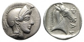 Thessaly, Pharsalos, mid-late 5th century BC. AR Hemidrachm (13mm, 2.77g, 12h). Helmeted head of Athena r. R/ Φ-AR, head of horse r. within incuse squ...