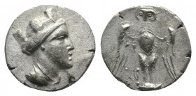Pontos, Amisos (as Peiraieos), c. 435-370 BC. AR Siglos (15mm, 4.44g, 12h). Head of Hera r., wearing turreted diadem. R/ Owl, with wings spread, stand...