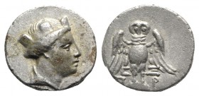 Pontos, Amisos, 4th century BC. AR Siglos (16mm, 3.86g, 12h). Draped bust of Hera l., wearing turreted diadem. R/ Owl standing facing with spread wing...