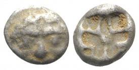 Mysia, Parion, 5th century BC. AR Drachm (12mm, 3.31g). Gorgoneion facing with protruding tongue. R/ Incuse punch of rough cruciform design. SNG BnF 1...