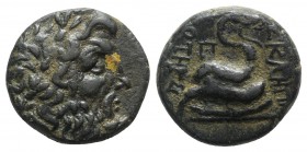 Mysia, Pergamon, c. 133-27 BC. Æ (19mm, 7.91g, 1h). Laureate head of Asklepios r. R/ Serpent coiled around omphalos; monogram to l. SNG BnF 1803ff. So...