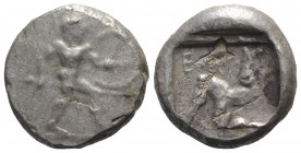 Pamphylia, Aspendos, c. 465-430 BC. AR Stater (20mm, 10.48g). Warrior, nude but for helmet, holding sword and shield, advancing r. R/ Triskeles within...