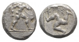 Pamphylia, Aspendos, c. 465-430 BC. AR Stater (19mm, 10.83g, 9h). Warrior, nude but for helmet, holding sword and shield, advancing r. R/ Triskeles wi...