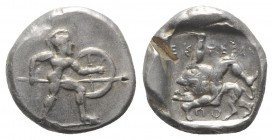 Pamphylia, Aspendos, c.465-430 BC. AR Stater (21mm, 10.88g, 3h). Warrior advancing r., holding shield and spear. R/ Triskeles; EΣTFΔII above; below, l...