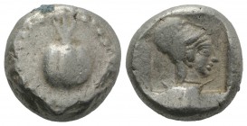 Pamphylia, Side, c. 460-430 BC. AR Stater (19mm, 11.01g, 6h). Pomegranate; dotted guilloche border. R/ Helmeted head of Athena r. within incuse square...