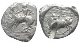 Cilicia, Kelenderis, c. 430-420 BC. AR Stater (21mm, 10.81g, 9h). Nude youth, holding whip, dismounting from horse rearing left; Π below horse’s belly...