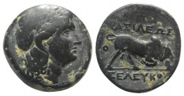 Seleukid Kings, Seleukos I (312-281 BC). Æ (24mm, 13.08g, 1h). Seleukeia on the Tigris. Laureate head of Apollo r. R/ Bull butting r.; monogram above,...