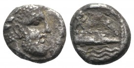 Phoenicia, Arados. Uncertain king, c. 380-351/0 BC. AR Third Stater – Tetrobol (11mm, 2.50g, 3h). Laureate head of Ba‘al–Arwad r. R/ Galley r. above w...