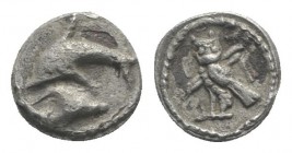 Phoenicia, Tyre. Uncertain king, c. 393-311/0 BC. AR 1/24 Shekel (79mm, 0.60g, 9h). Dolphin leaping l.; murex shell below. R/ Owl standing l., head fa...