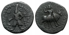 India, Kushan Empire. Vima Kadphises (c. AD 100-127/8). Æ Tetradrachm (27mm, 17.06g, 12h). Vima Kadphises standing facing, head l., sacrificing over a...