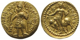 India, Kushan Empire. Vasudeva I (c. AD 190-230). AV Dinar (23mm, 7.99g, 12h). Main mint in Baktria (Balkh?). Vasudeva standing l., sacrificing over a...