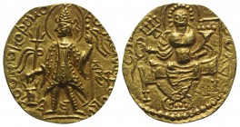 India, Kushan Empire. Vasishka (c. AD 240-250). AV Dinar (21mm, 7.89g, 12h). Mint I (A). Vasishka, nimbate, helmeted and diademed, standing facing, he...