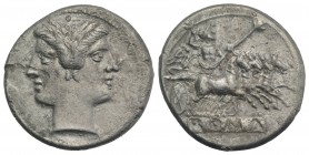 Anonymous, Rome, c. 225-212 BC. AR Quadrigatus (22mm, 6.07g, 6h). Laureate head of Janus. R/ Jupiter, holding sceptre and thunderbolt, in quadriga dri...