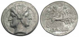 Anonymous, Rome, c. 225-212 BC. AR Quadrigatus (24mm, 6.22g, 6h). Laureate head of Janus. R/ Jupiter, holding sceptre and thunderbolt, in quadriga dri...