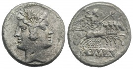 Anonymous, Rome, c. 225-212 BC. AR Quadrigatus (22mm, 6.52g, 6h). Laureate head of Janus. R/ Jupiter, holding sceptre and thunderbolt, in quadriga dri...