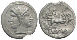 Anonymous, Rome, c. 225-212 BC. AR Quadrigatus (24mm, 6.37g, 6h). Laureate head of Janus. R/ Jupiter, holding sceptre and thunderbolt, in quadriga dri...