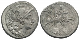 Anonymous, Rome, after 211 BC. AR Denarius (19.5mm, 3.89g, 2h). Head of Roma r., wearing winged helmet decorated with head of griffin. R/ Dioscuri on ...