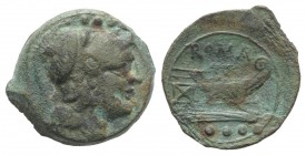 Anonymous, Sardinia, after 211 BC. Æ Triens (23mm, 6.25g, 3h). Helmeted head of Minerva r. R/ Prow of galley r. Crawford 56/4; RBW 207-8. Green patina...
