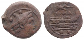 Victory series, Central Italy, 211-208 BC. Æ Sextans (19mm, 4.31g, 5h). Draped bust of Mercury r., wearing petasus. R/ Prow right; above, Victory flyi...