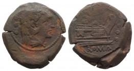 Victory and spear-head series, 189-180 BC. Æ Quadrans (22mm, 9.17g, 12h). Head of Hercules r., wearing lion skin. R/ Prow of galley r.; above, Victory...