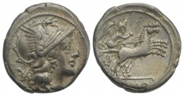 Anonymous, Rome, c. 157/6 BC. AR Denarius (18mm, 3.83g, 7h). Helmeted head of Roma r. R/ Victory driving biga r. Crawford 197/1a; RBW 846; RSC 6. Tone...