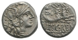 C. Renius, Rome, 138 BC. AR Denarius (15mm, 4.07g, 9h). Helmeted head of Roma r. R/ Juno Caprotina driving biga of goats r., holding whip, reins, and ...