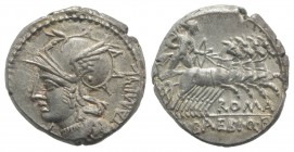 M. Baebius Q.f. Tampilus, Rome, 137 BC. AR Denarius (19mm, 4.03g, 9h). Helmeted head of Roma l. R/ Apollo driving quadriga r., holding bow and arrow. ...