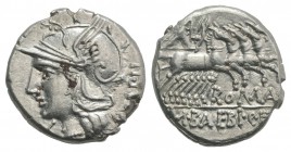 M. Baebius Q.f. Tampilus, Rome, 137 BC. AR Denarius (17mm, 3.97g, 9h). Helmeted head of Roma l. R/ Apollo driving quadriga r., holding bow and arrow. ...