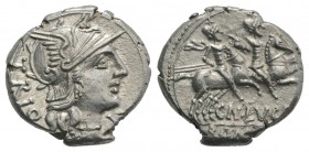 Cn. Lucretius Trio, Rome, 136 BC. AR Denarius (18mm, 3.92g, 12h). Helmeted head of Roma r. R/ Dioscuri on horseback riding r. Crawford 237/1a; RBW 978...