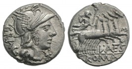L. Antestius Gragulus, Rome, 136 BC. AR Denarius (18mm, 3.97g, 9h). Helmeted head of Roma r. R/ Jupiter driving quadriga r., holding reins and sceptre...