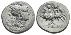 C. Servilius M.f., Rome, 136 BC. AR Denarius (20mm, 3.95g, 6h). Head of Roma r., wearing winged helmet; wreath to l. R/ Dioscuri riding in opposite di...