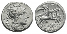 M. Aburius M.f. Geminus, Rome, 132 BC. AR Denarius (19mm, 3.97g, 3h). Helmeted head of Roma r., mark of value below chin. R/ Sol driving quadriga r., ...