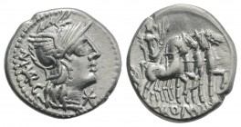 M. Vargunteius, Rome, 130 BC. AR Denarius (20mm, 3.92g, 9h). Helmeted head of Roma r. R/ Jupiter driving triumphal quadriga r., holding palm frond and...