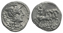 M. Vargunteius, Rome, 130 BC. AR Denarius (19mm, 3.74g, 1h). Helmeted head of Roma r. R/ Jupiter driving triumphal quadriga r., holding palm frond and...