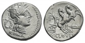 T. Cloelius, Rome, 128 BC. AR Denarius (19mm, 3.91g, 7h). Helmeted head of Roma r.; wreath behind. R/ Victory driving biga with horses rearing r.; gra...